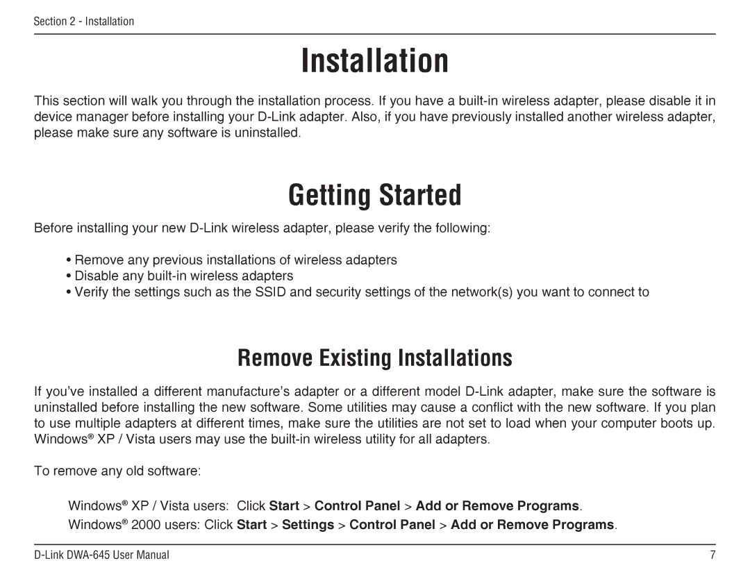 D-Link DWA-645 manual Getting Started, Remove Existing Installations 