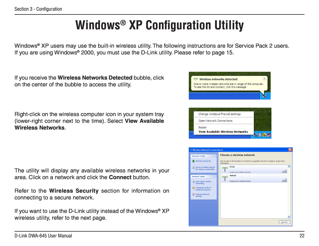 D-Link DWA-645 manual Windows XP Conﬁguration Utility 