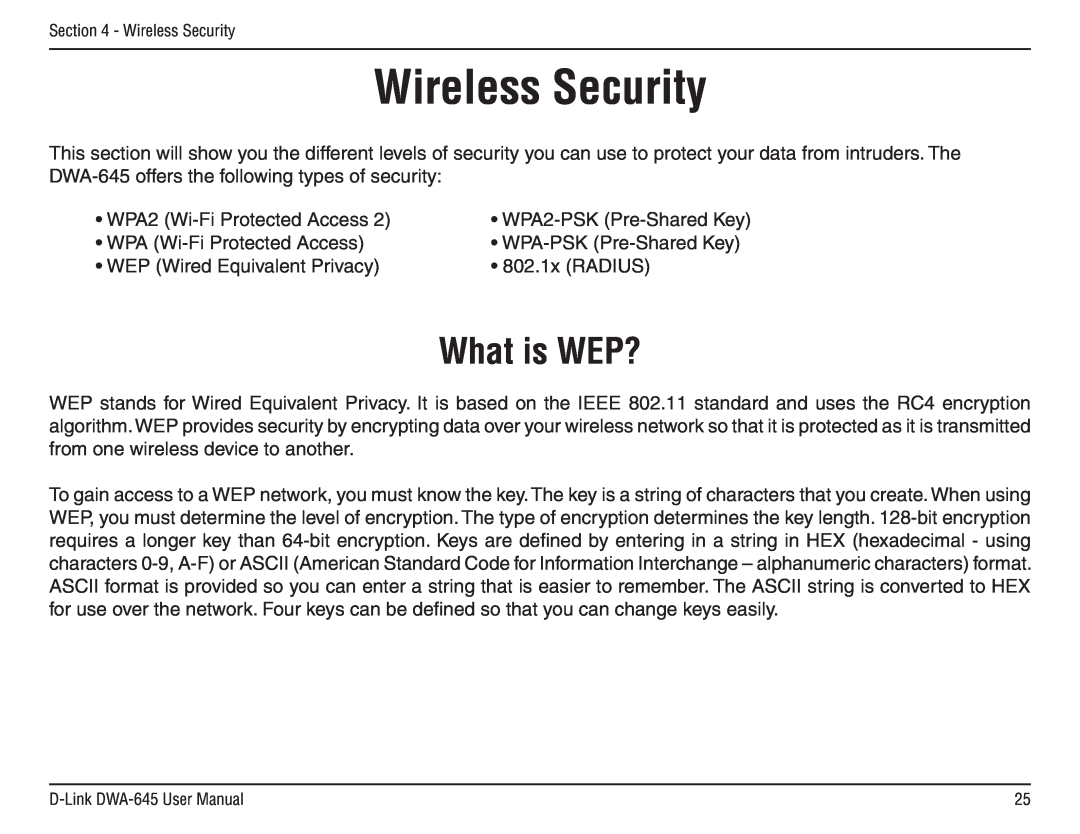 D-Link DWA-645 manual Wireless Security, What is WEP? 