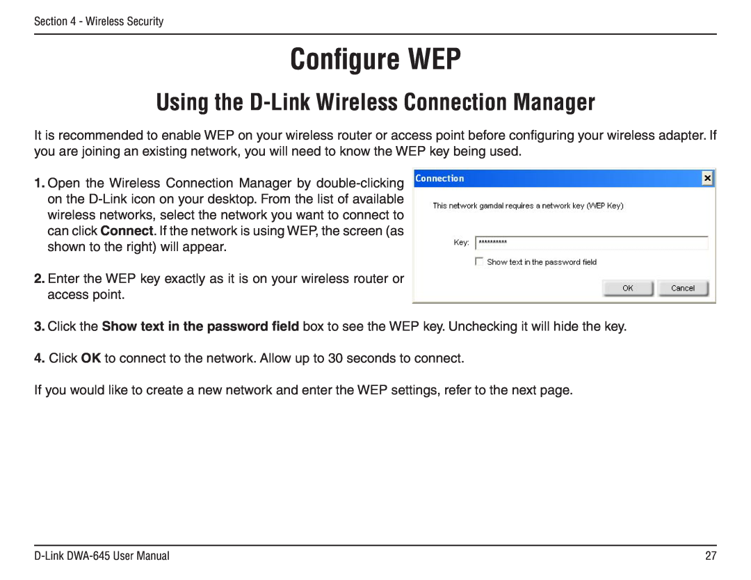 D-Link DWA-645 manual Conﬁgure WEP, Using the D-Link Wireless Connection Manager 