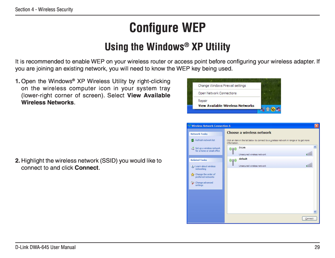D-Link DWA-645 manual Using the Windows XP Utility, Conﬁgure WEP 