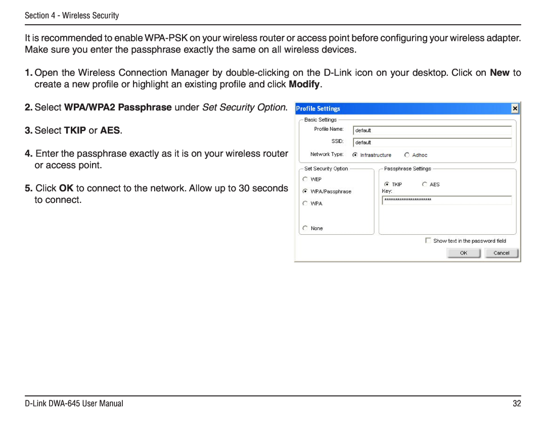 D-Link DWA-645 manual Select WPA/WPA2 Passphrase under Set Security Option 
