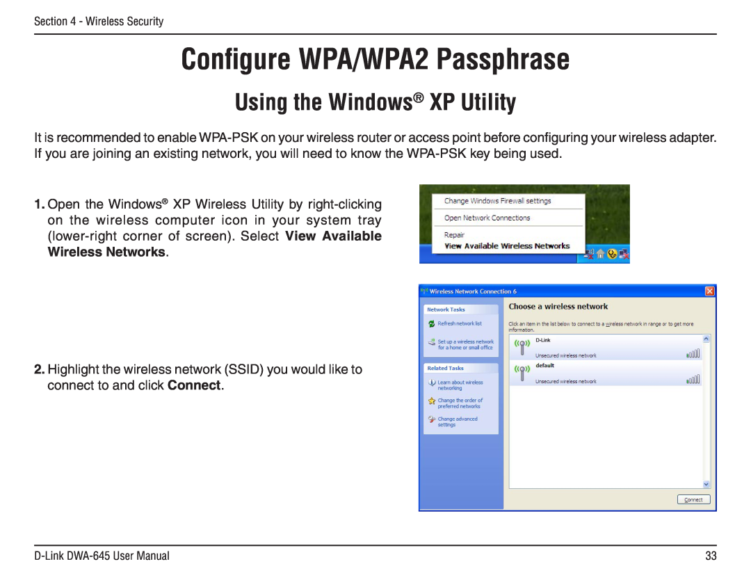 D-Link DWA-645 manual Conﬁgure WPA/WPA2 Passphrase, Using the Windows XP Utility 