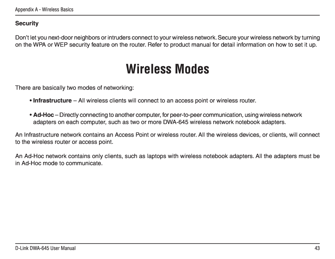 D-Link DWA-645 manual Wireless Modes, Security 