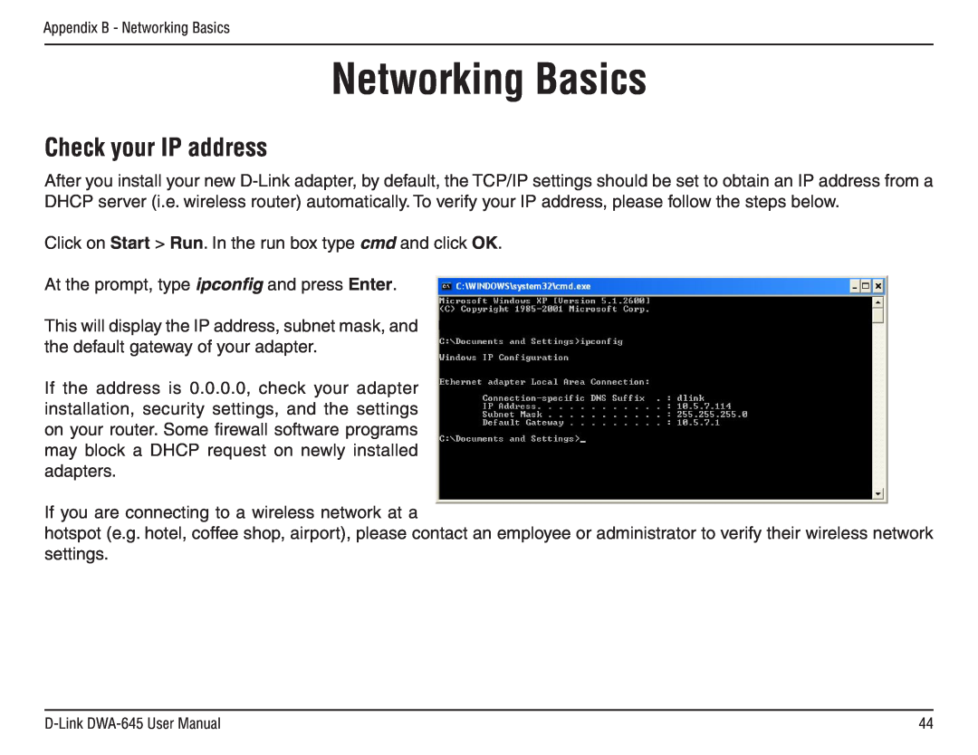 D-Link DWA-645 manual Networking Basics, Check your IP address 