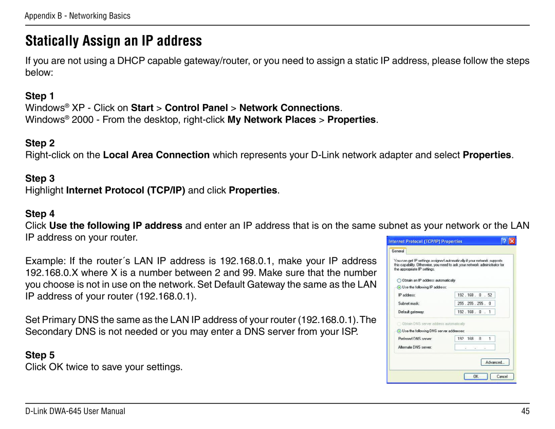 D-Link DWA-645 manual Statically Assign an IP address, Step Windows XP - Click on Start Control Panel Network Connections 