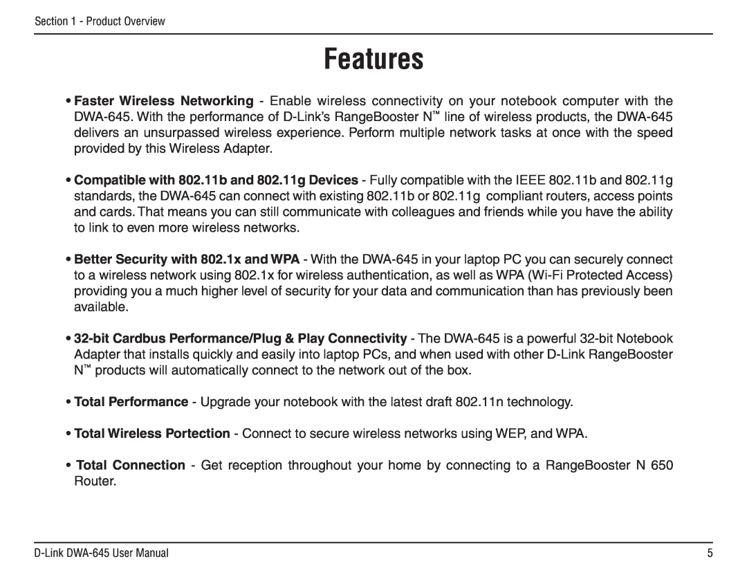 D-Link DWA-645 manual Features 