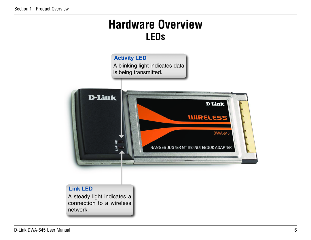 D-Link DWA-645 manual Hardware Overview, LEDs, Activity LED, Link LED 