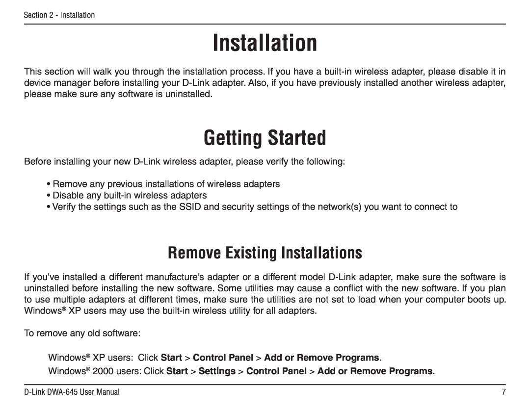 D-Link DWA-645 manual Getting Started, Remove Existing Installations 