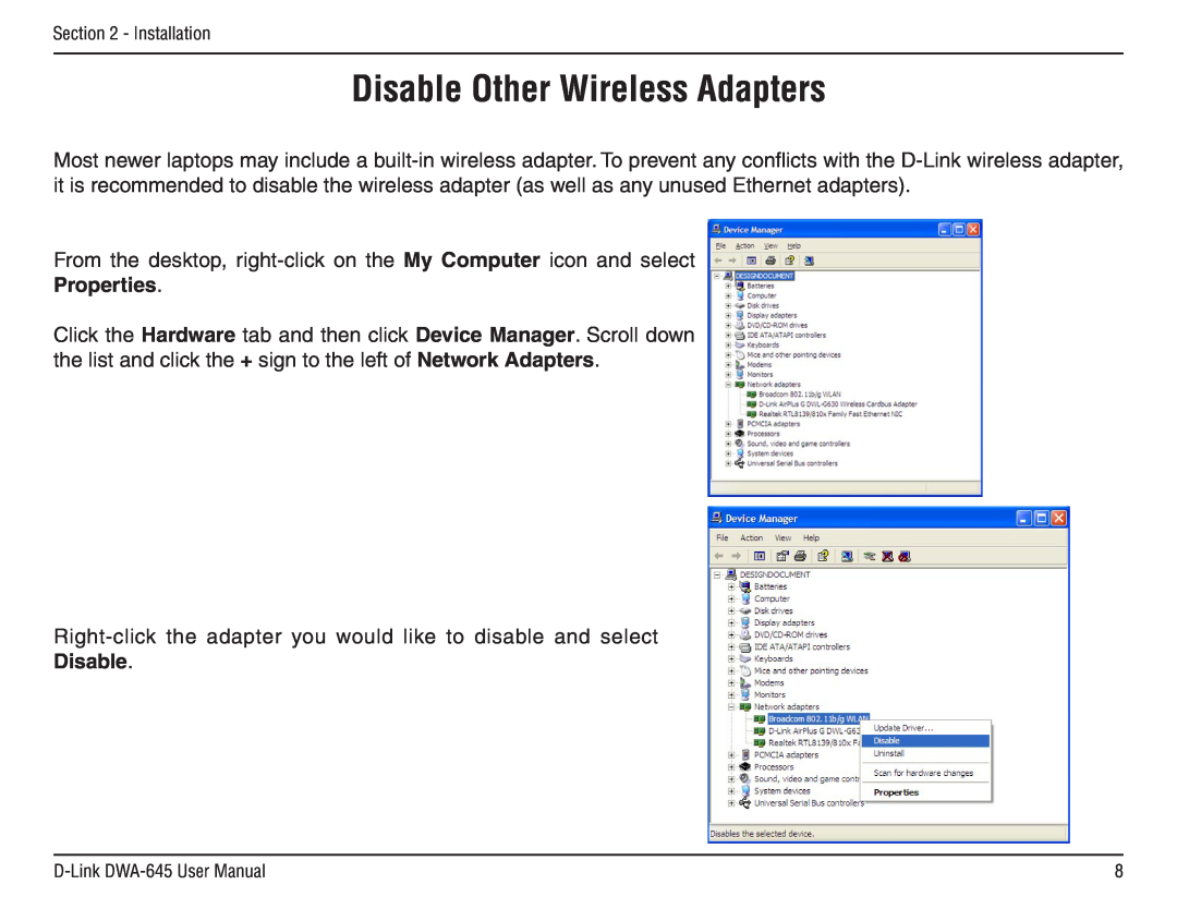 D-Link DWA-645 manual Disable Other Wireless Adapters, Properties 