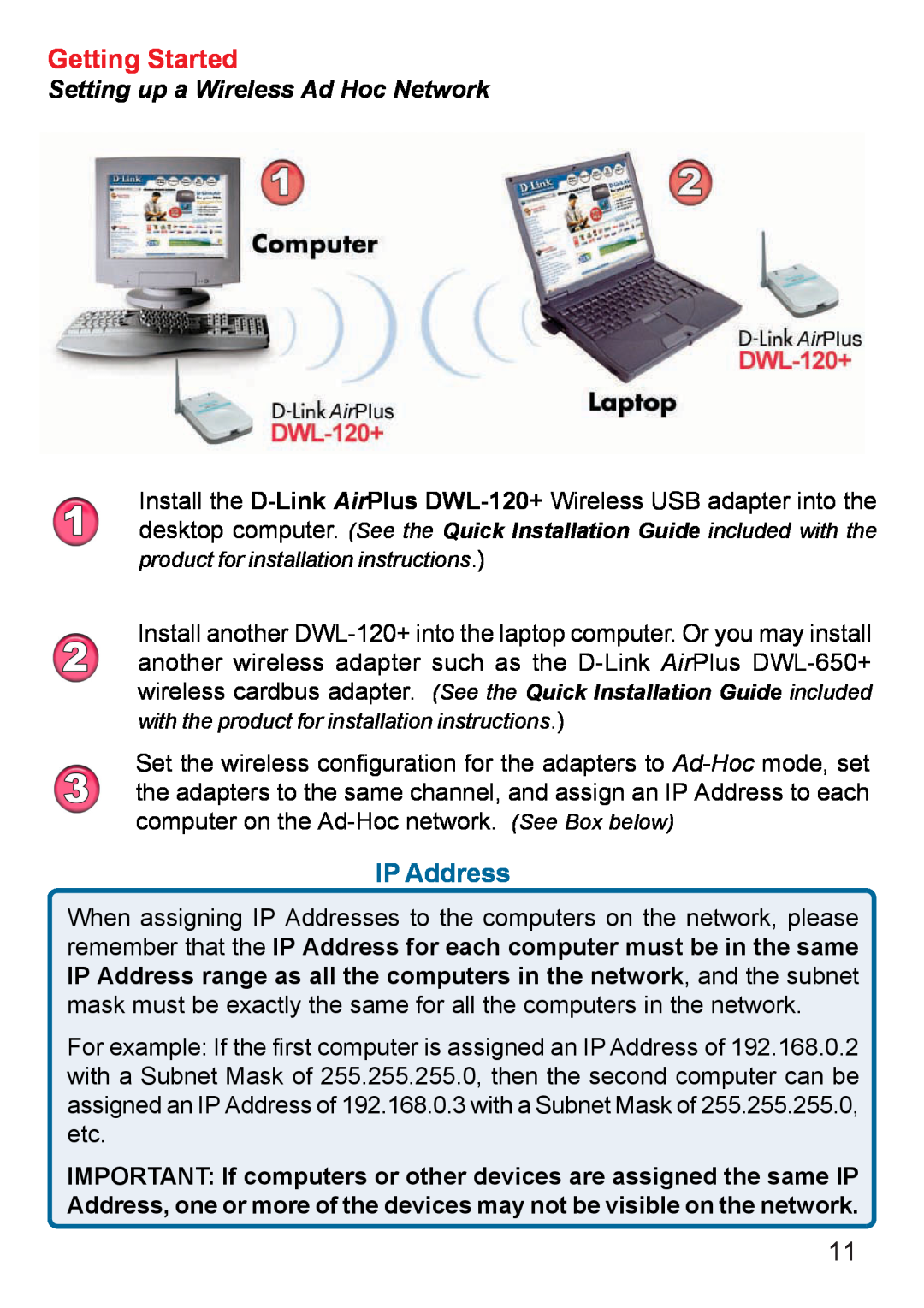 D-Link DWL-120+ manual Getting Started, IP Address, Setting up a Wireless Ad Hoc Network 