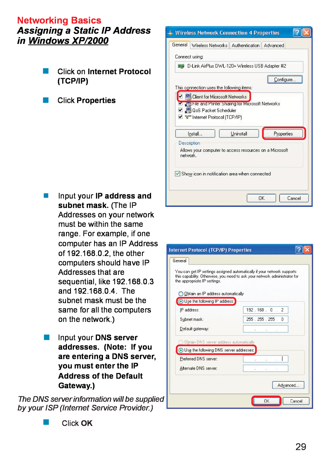 D-Link DWL-120+ manual Networking Basics, Assigning a Static IP Address in Windows XP/2000 