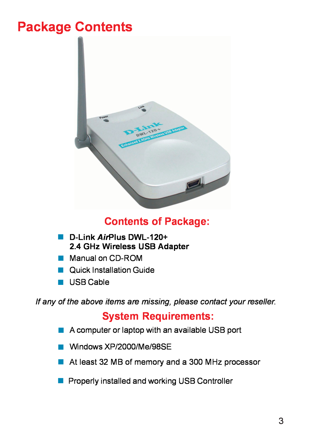 D-Link DWL-120+ manual Contents of Package, System Requirements, Package Contents 