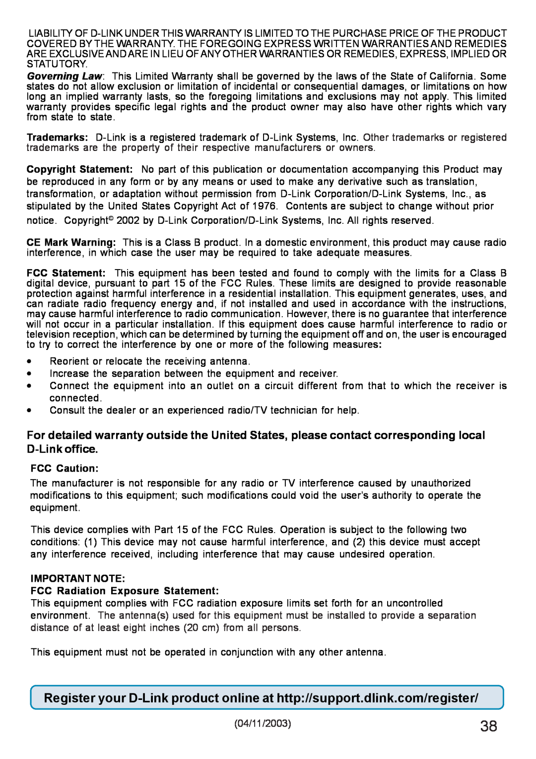 D-Link DWL-120+ manual FCC Caution, IMPORTANT NOTE FCC Radiation Exposure Statement 