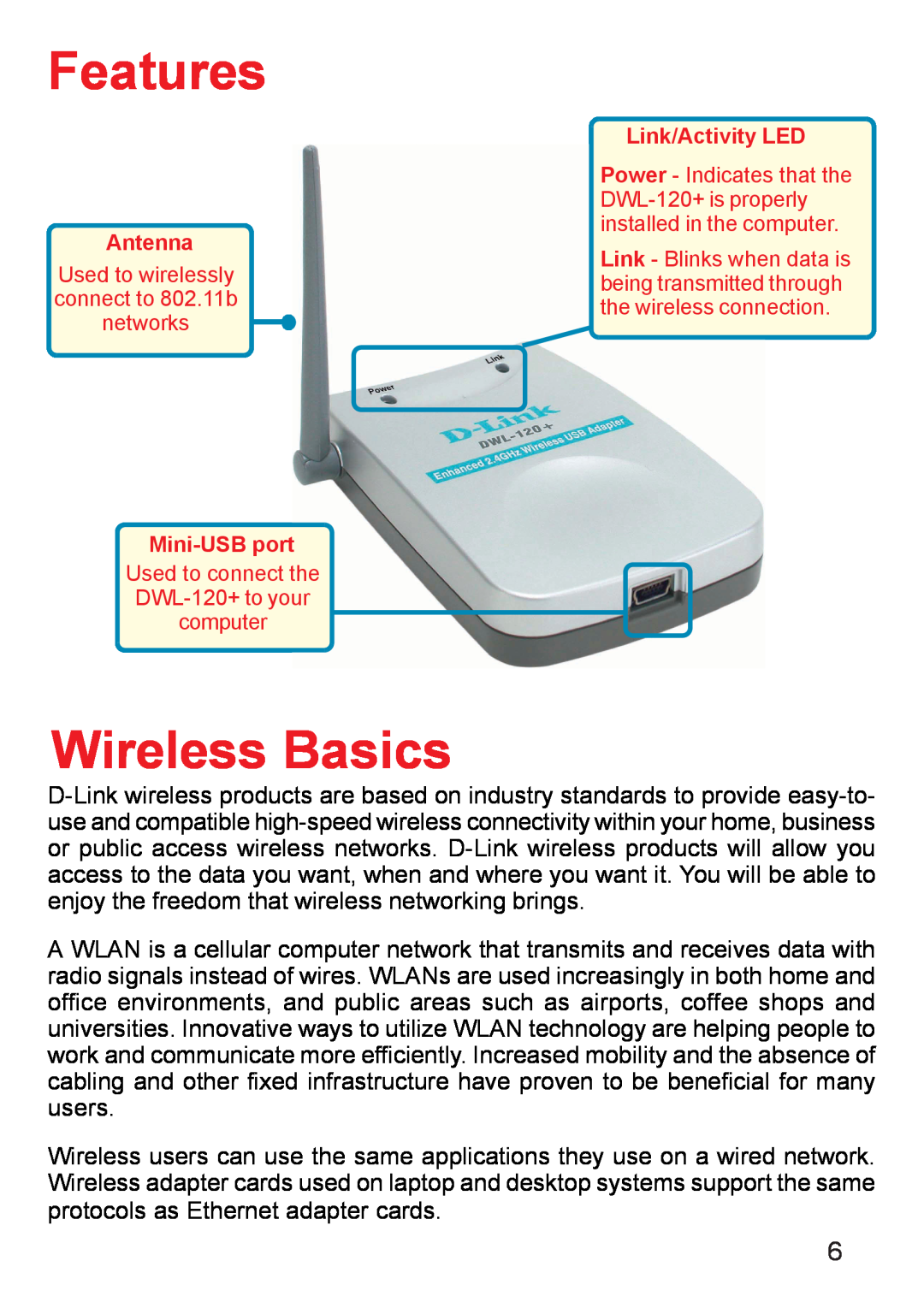 D-Link DWL-120+ manual Features, Wireless Basics, Antenna, Mini-USB port, Link/Activity LED 