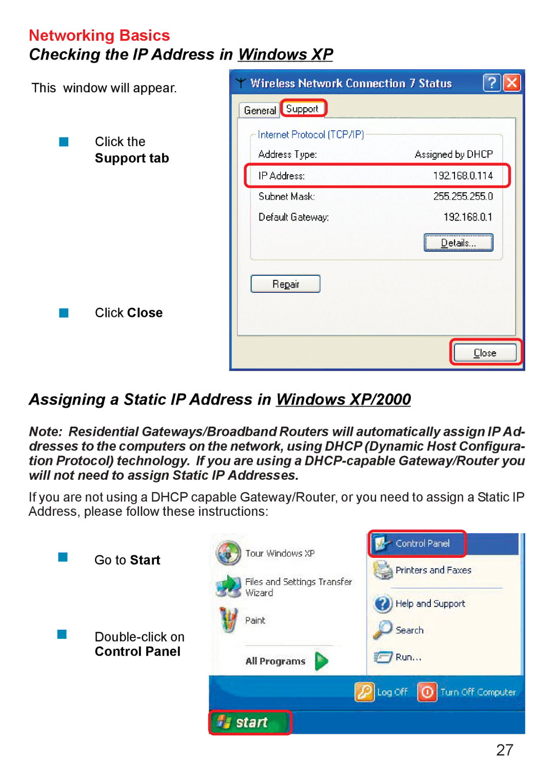 D-Link DWL-120+ manual Assigning a Static IP Address in Windows XP/2000 