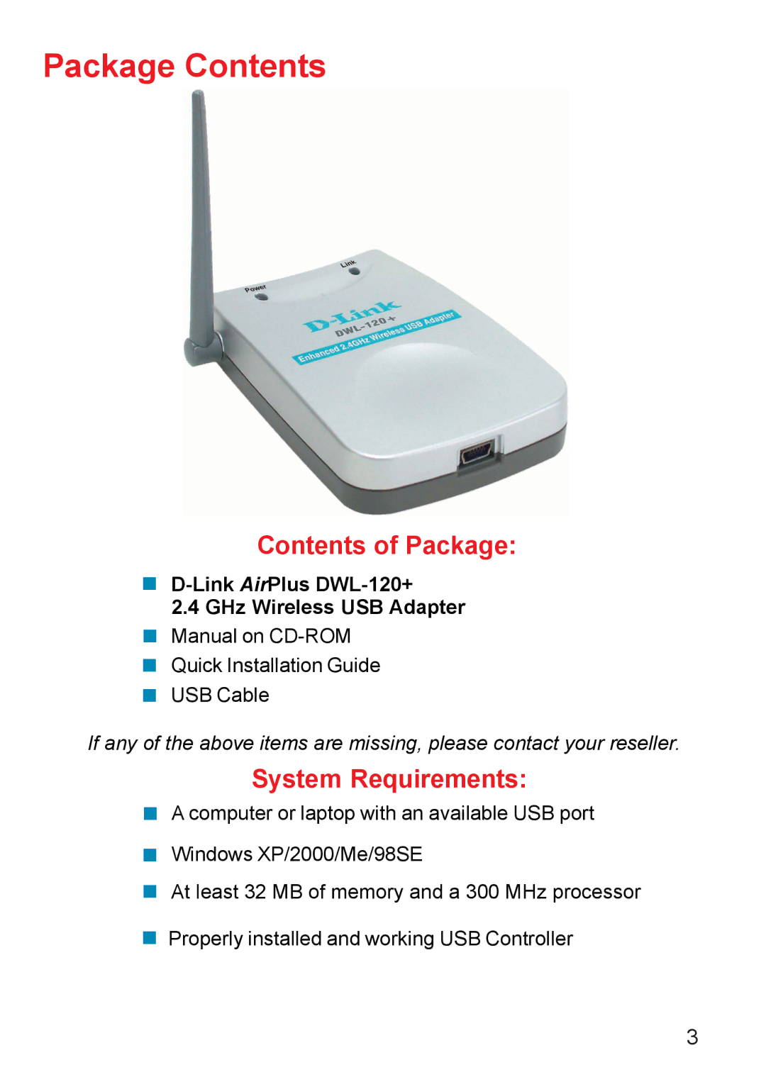 D-Link DWL-120+ manual Package Contents 