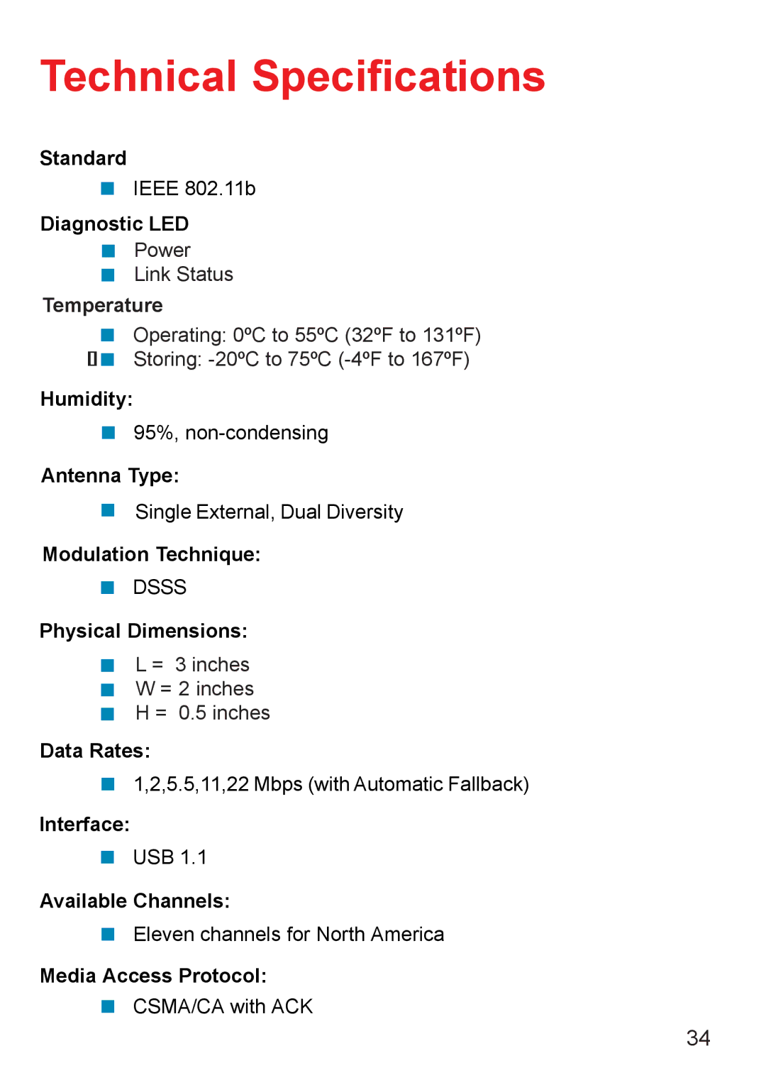 D-Link DWL-120+ manual Technical Specifications, Temperature 