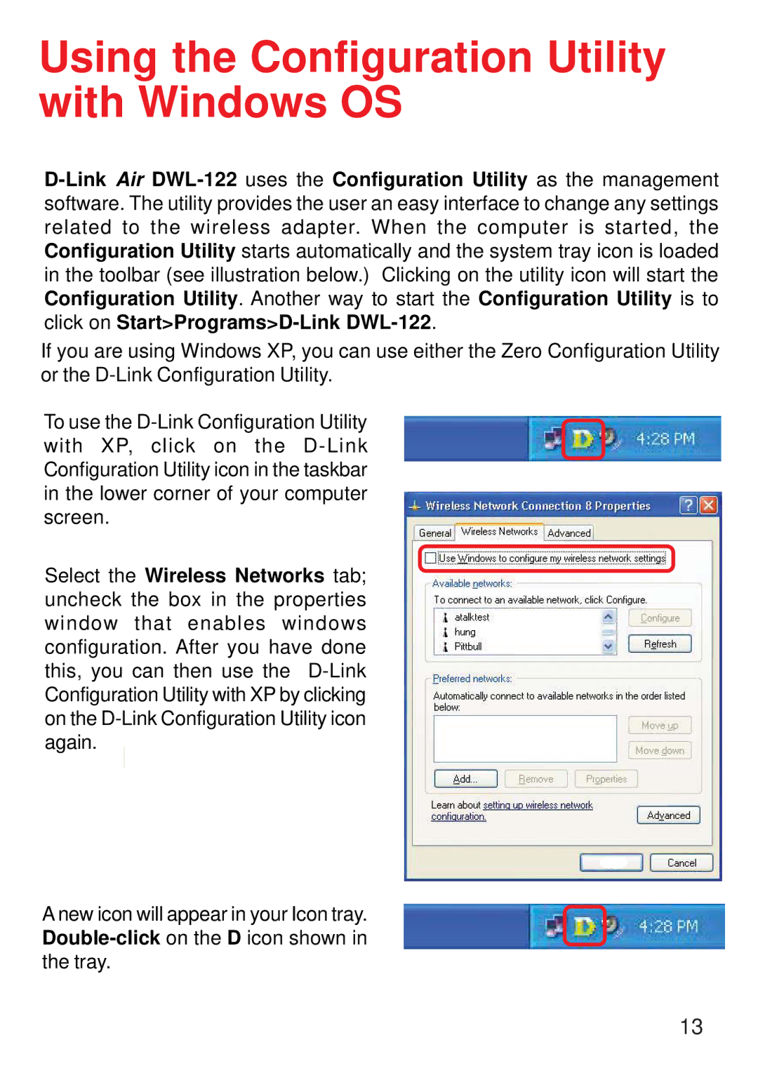 D-Link DWL-122 manual Using the Configuration Utility with Windows OS 