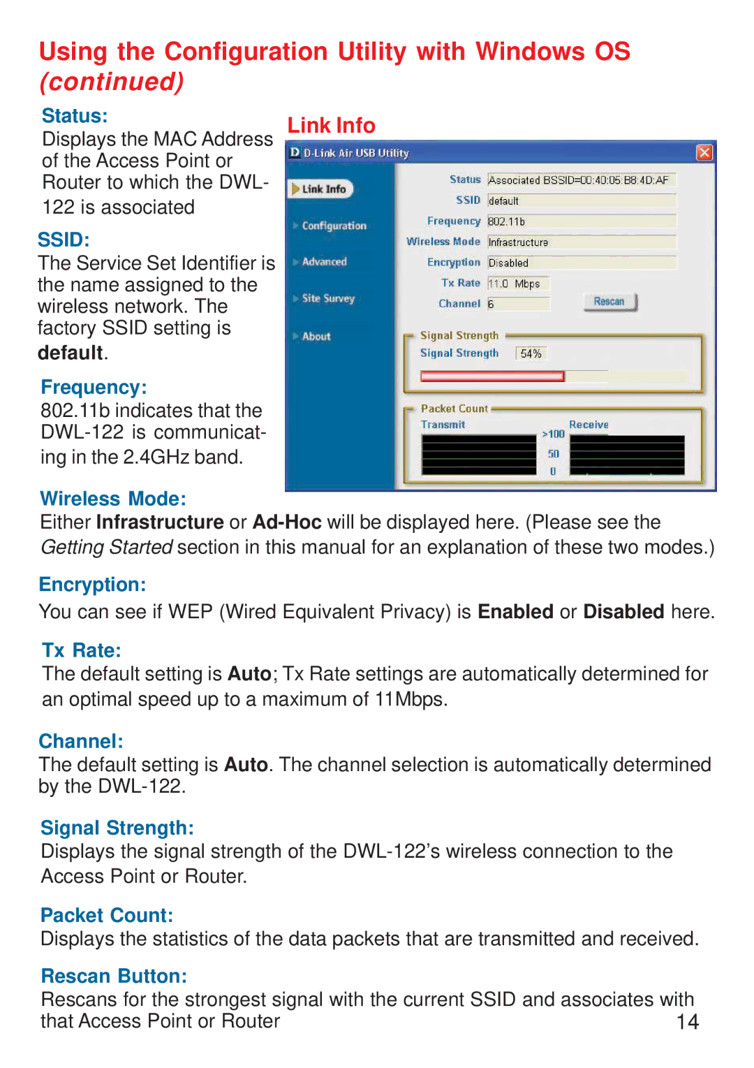 D-Link DWL-122 manual Using the Configuration Utility with Windows OS, Link Info 