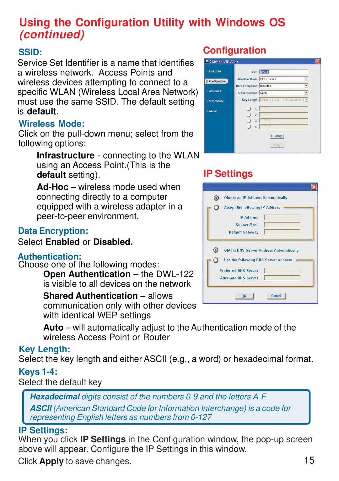 D-Link DWL-122 manual SSIDConfiguration, Default setting.IP Settings, Select Enabled or Disabled 