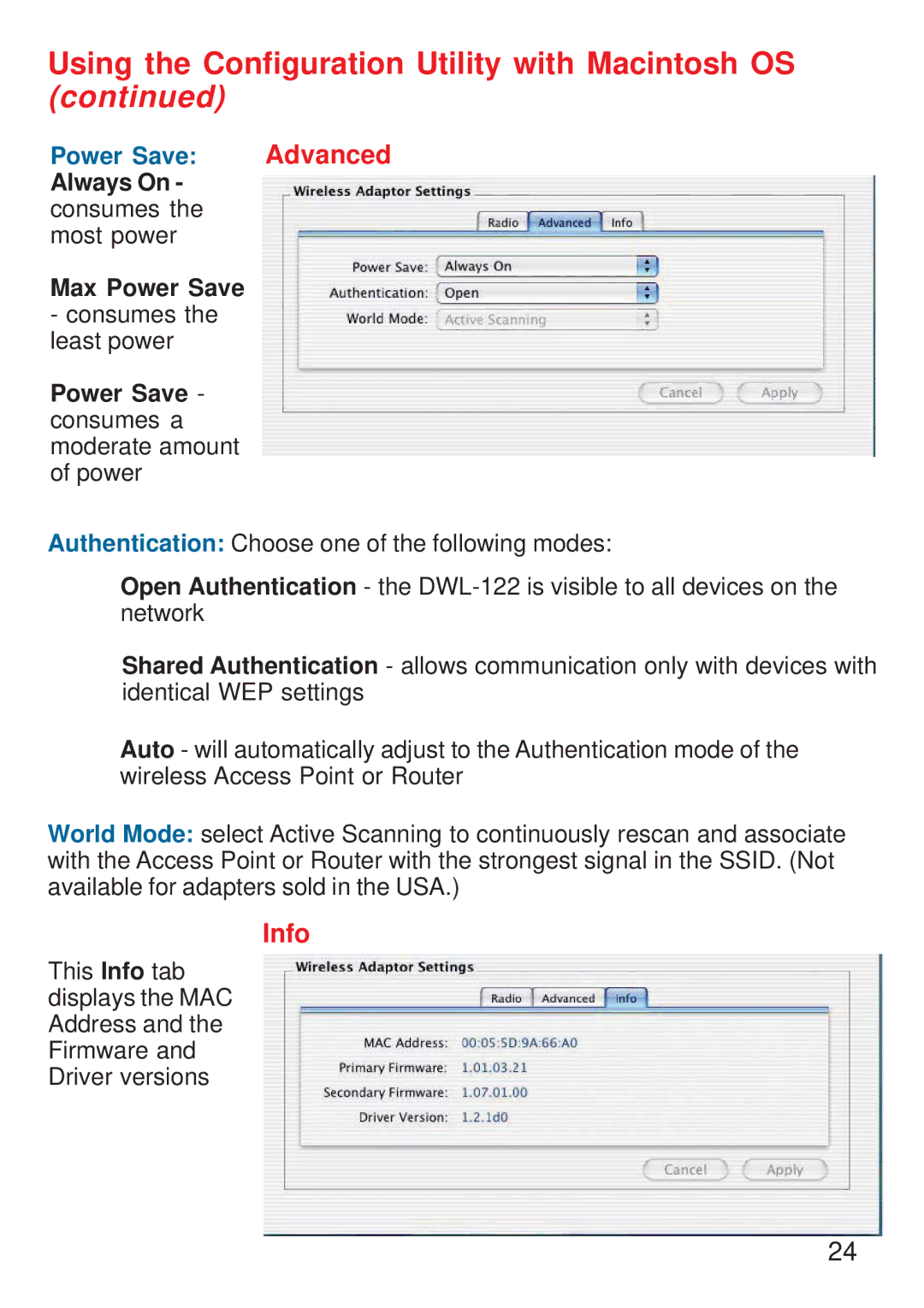 D-Link DWL-122 manual Info, Max Power Save 