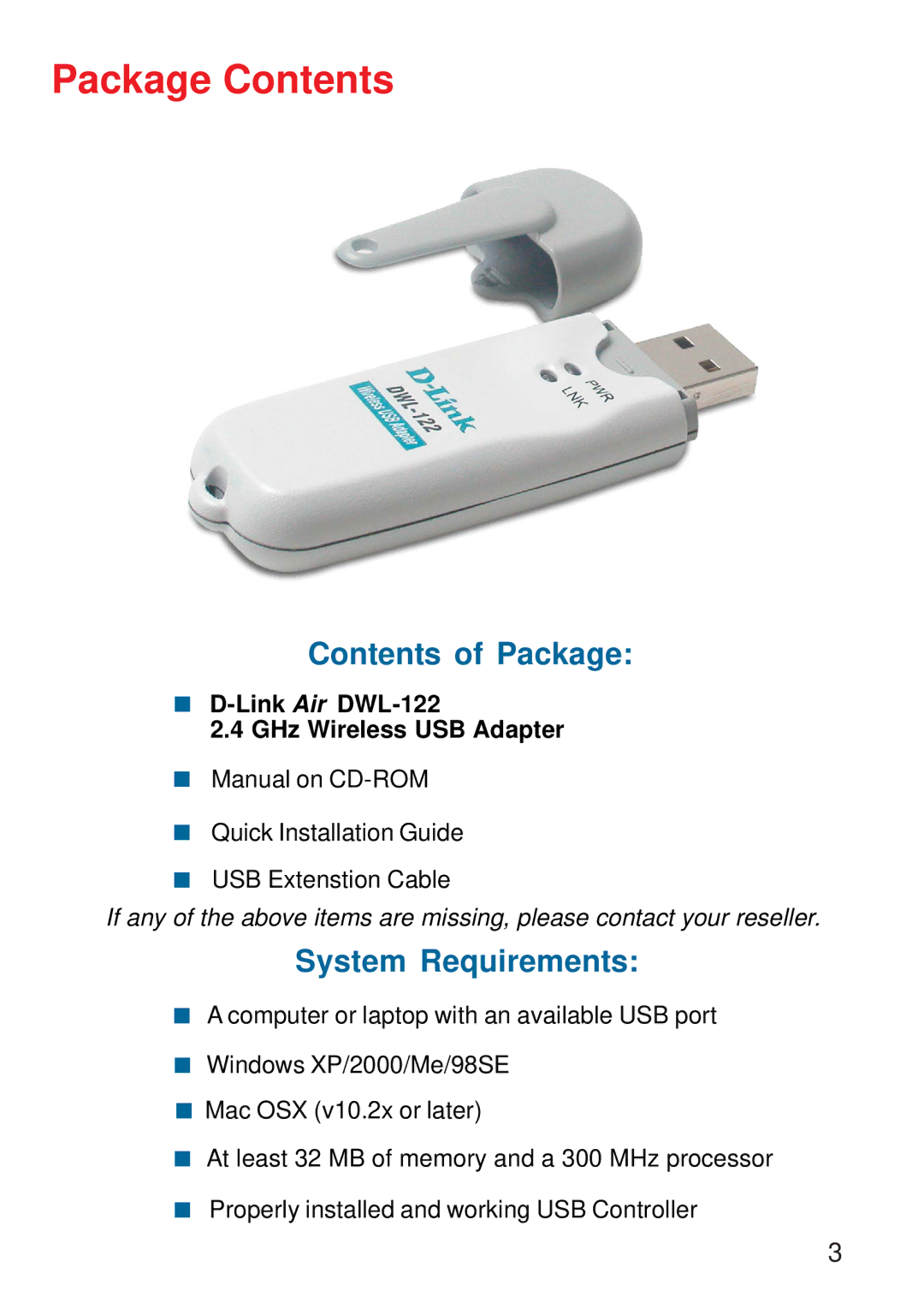 D-Link DWL-122 manual Package Contents 