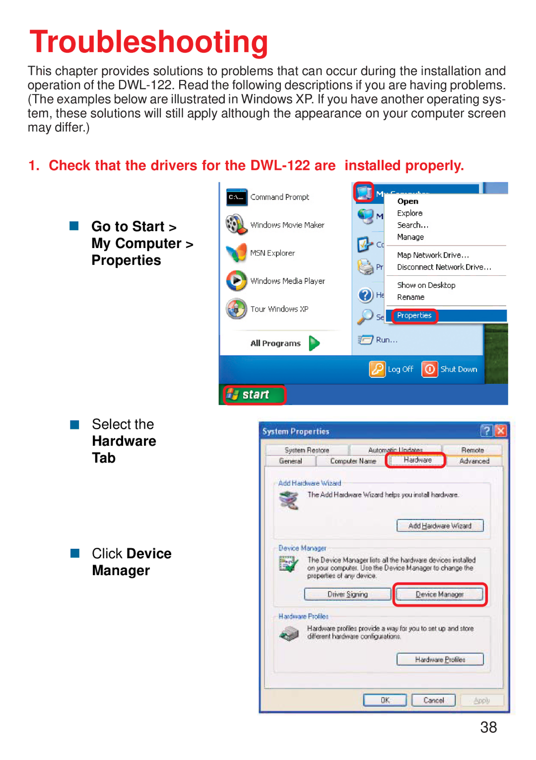 D-Link DWL-122 manual Troubleshooting, Go to Start My Computer Properties, Hardware Tab, Manager 