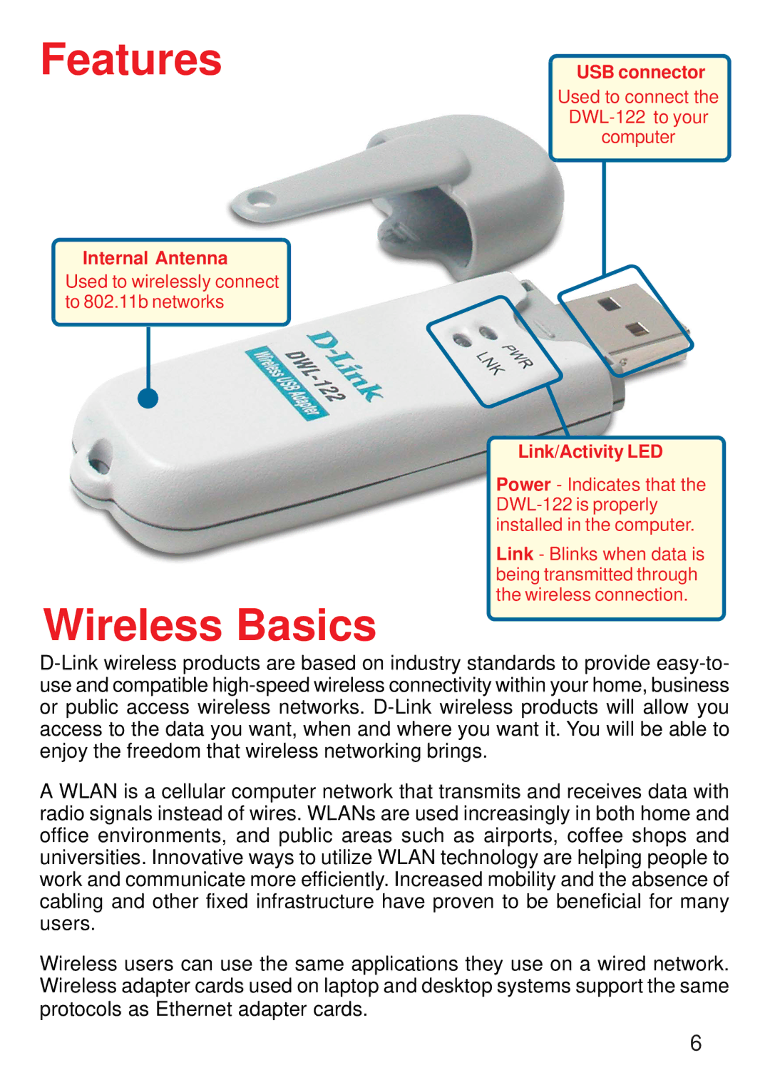 D-Link DWL-122 manual Features, Wireless Basics 