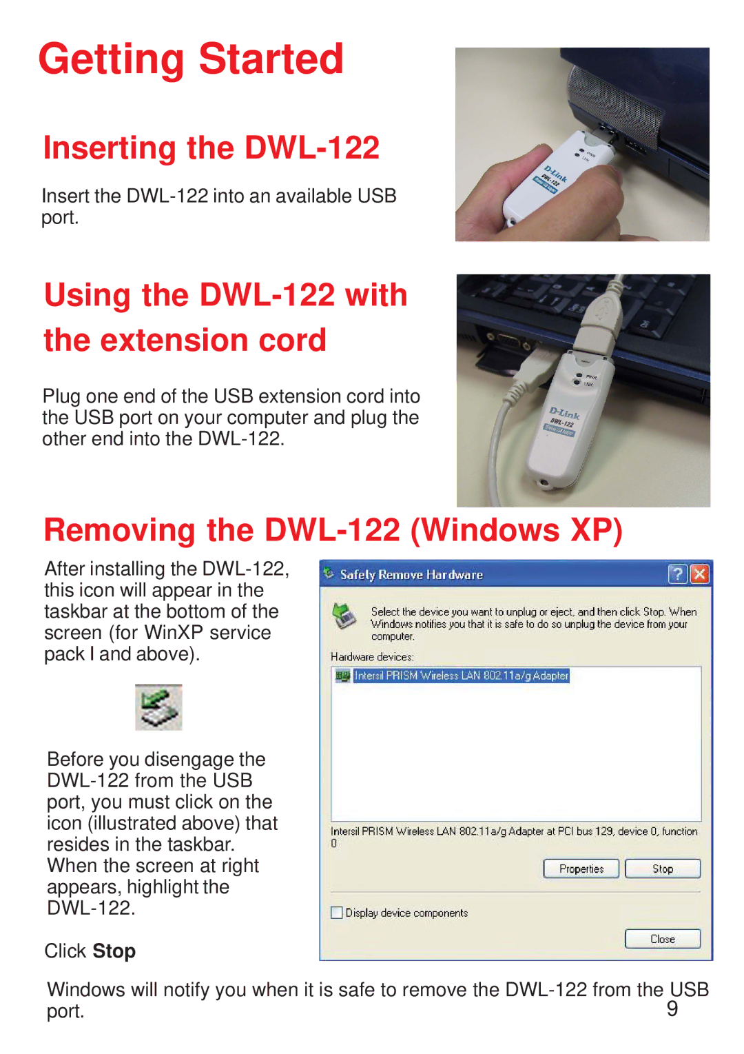 D-Link manual Getting Started, Using the DWL-122 with the extension cord 