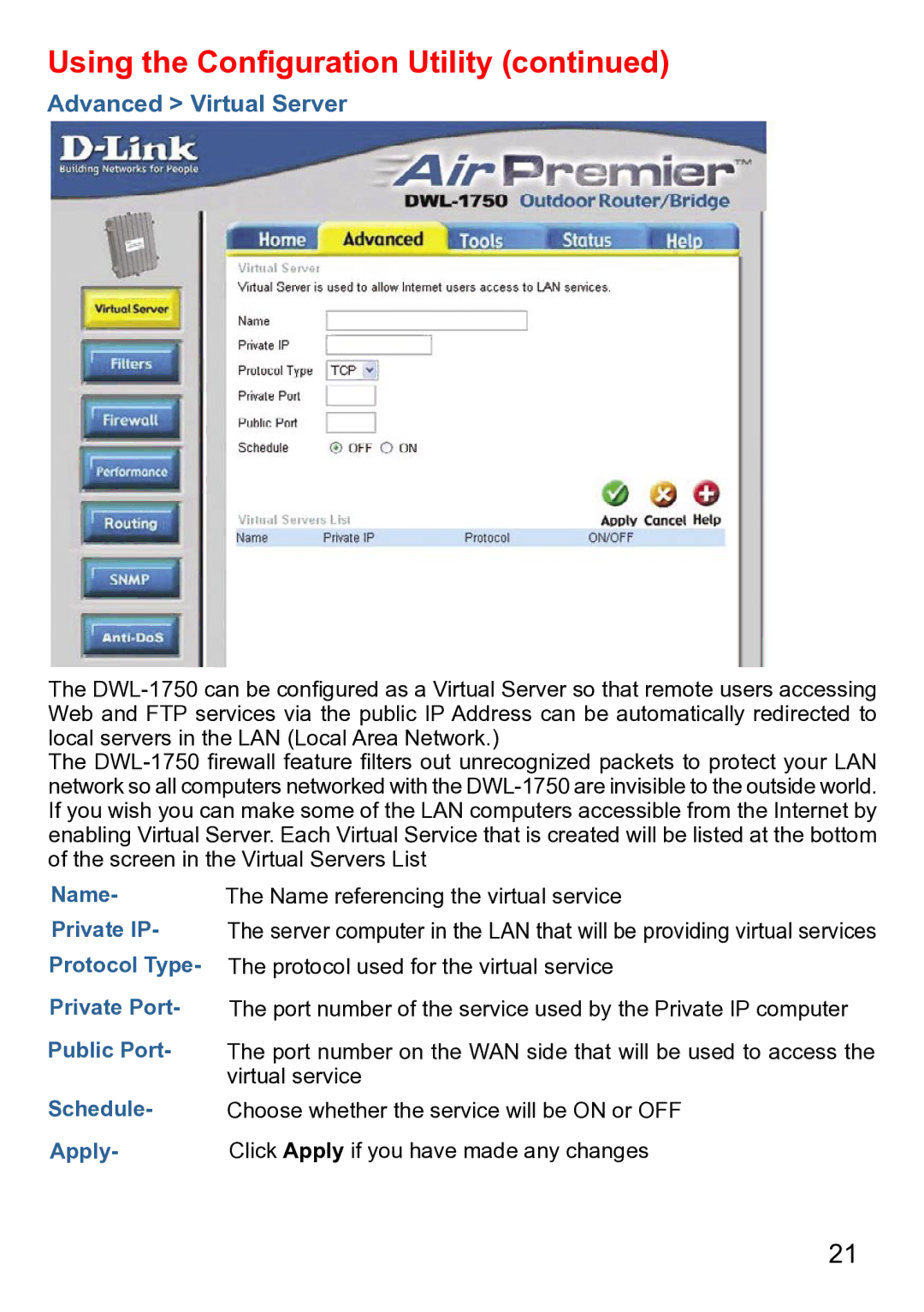 D-Link DWL-1750 warranty Advanced Virtual Server 