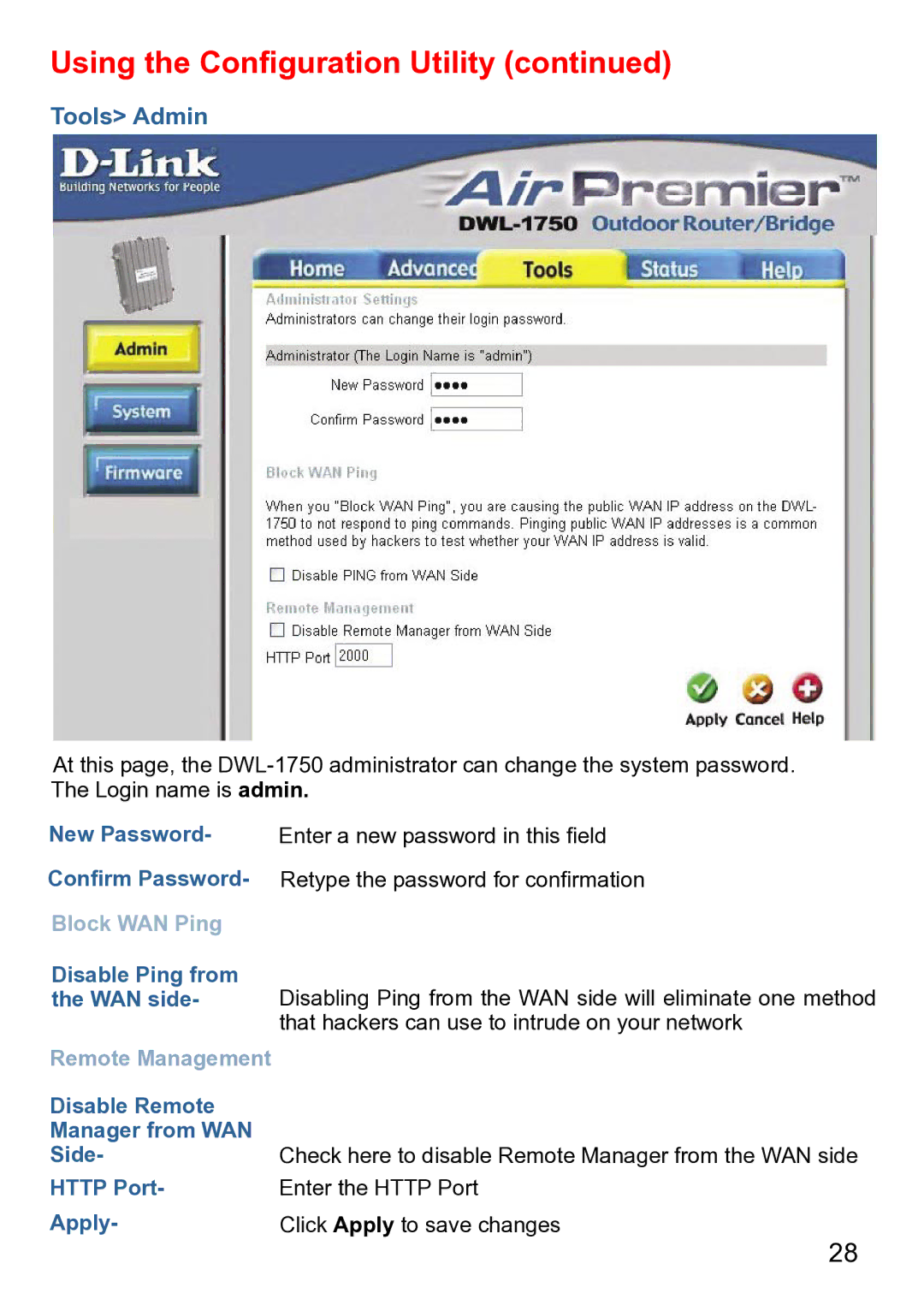 D-Link DWL-1750 warranty Tools Admin, Block WAN Ping 