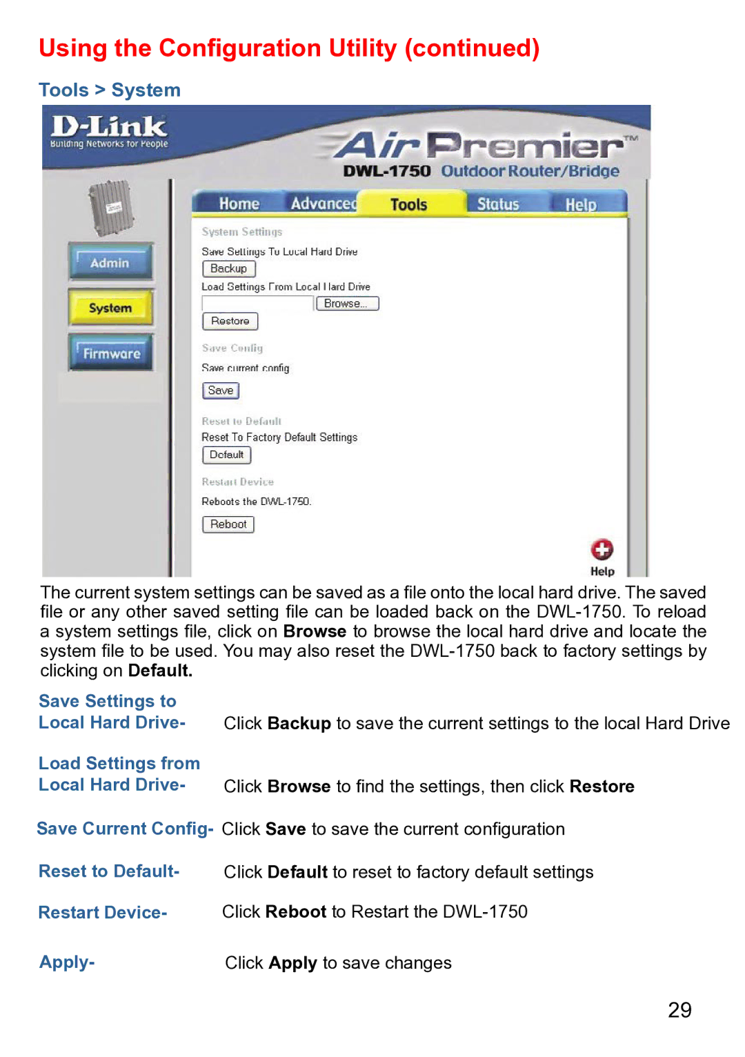 D-Link DWL-1750 warranty Tools System, Load Settings from 