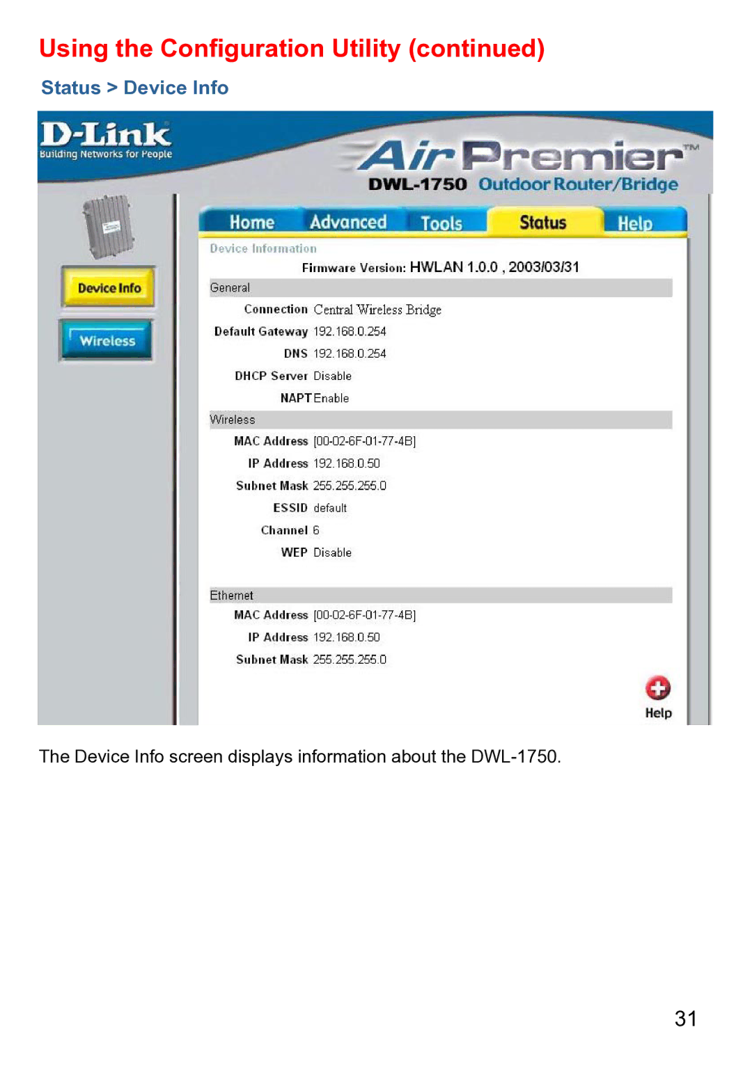 D-Link DWL-1750 warranty Status Device Info 