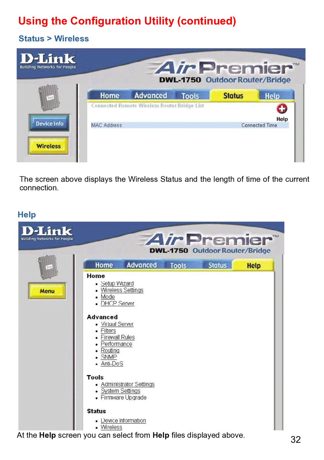 D-Link DWL-1750 warranty Status Wireless, Help 