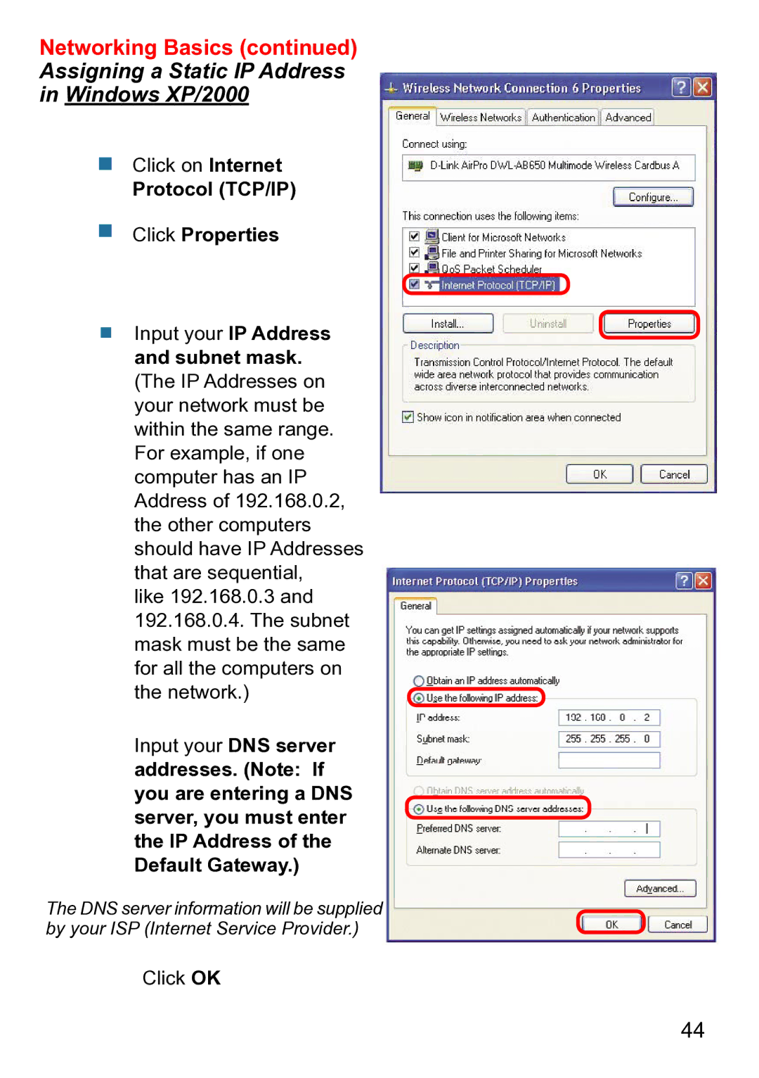 D-Link DWL-1750 warranty Assigning a Static IP Address Windows XP/2000 