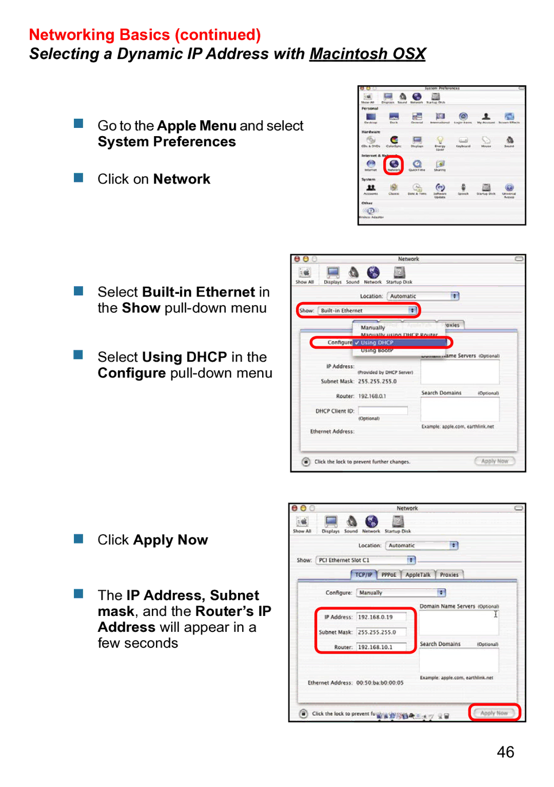 D-Link DWL-1750 warranty Selecting a Dynamic IP Address with Macintosh OSX 