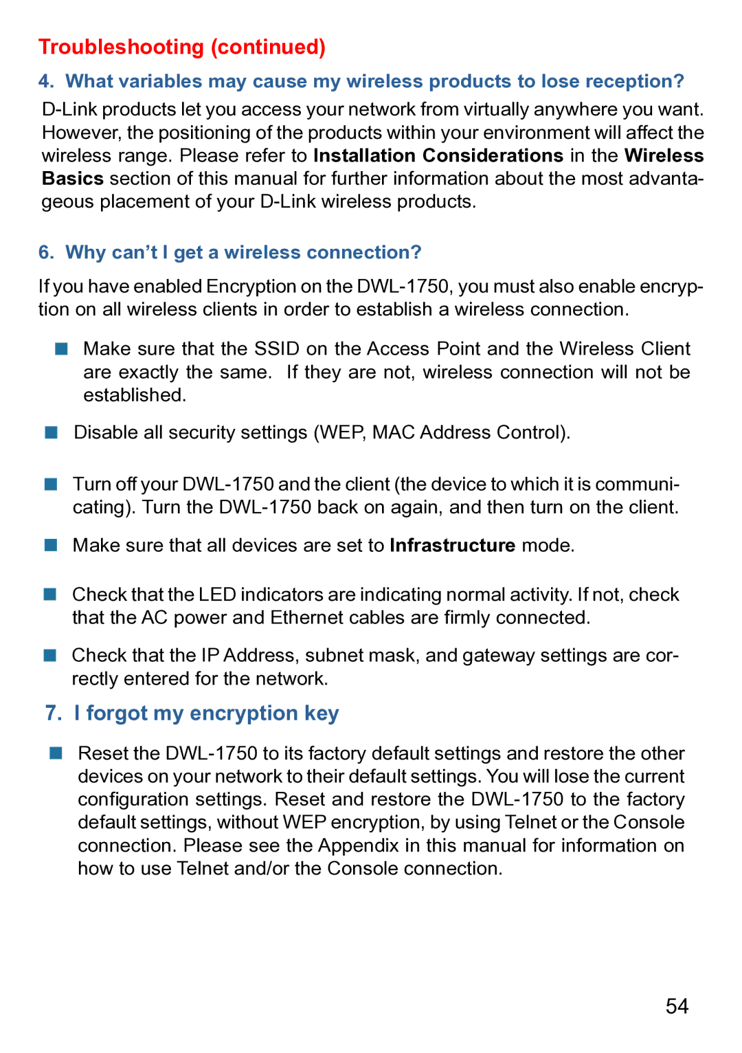 D-Link DWL-1750 warranty Forgot my encryption key, Why can’t I get a wireless connection? 