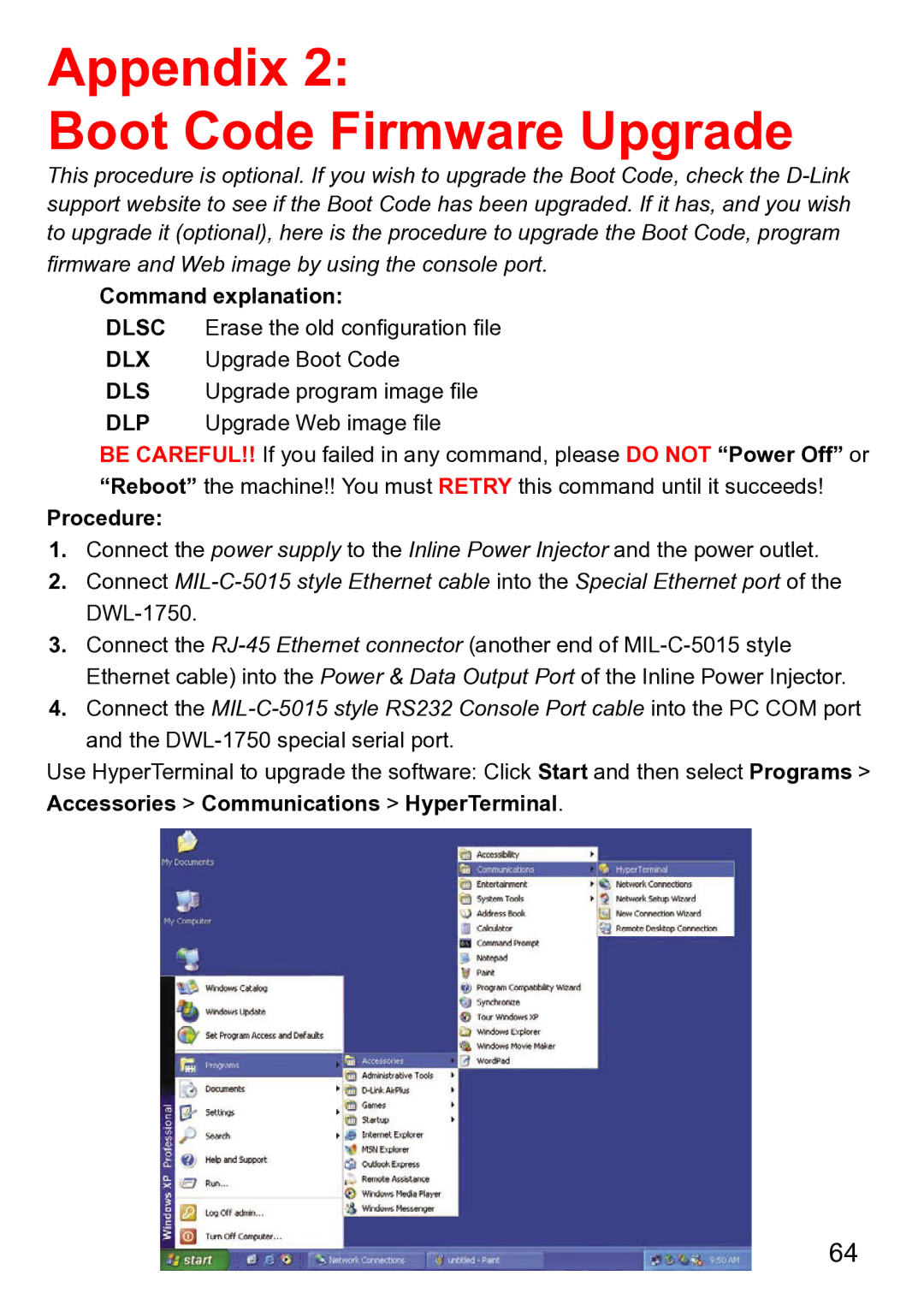 D-Link DWL-1750 warranty Appendix Boot Code Firmware Upgrade, Command explanation 