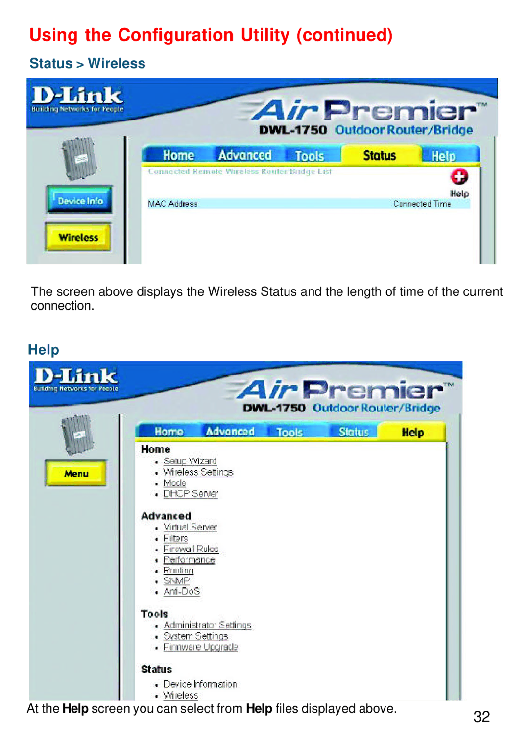 D-Link DWL-1750 warranty Status Wireless, Help 