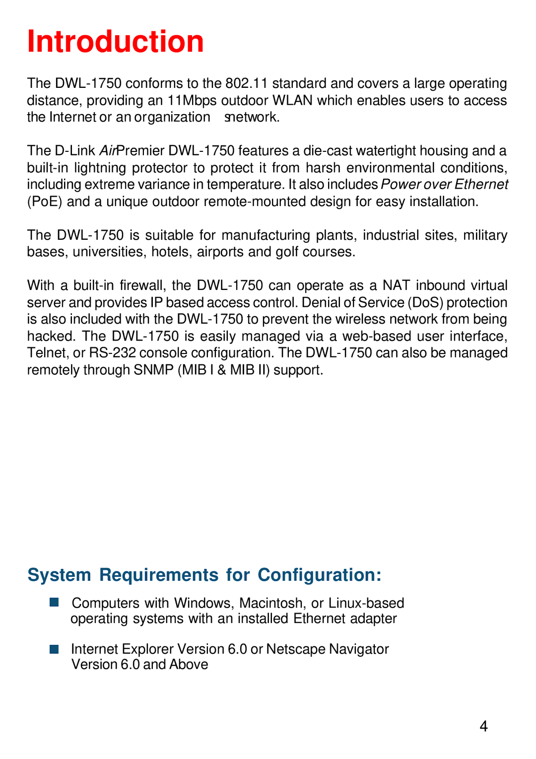 D-Link DWL-1750 warranty Introduction, System Requirements for Configuration 