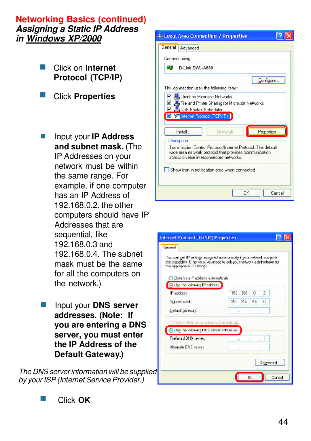 D-Link DWL-1750 warranty Assigning a Static IP Address Windows XP/2000 