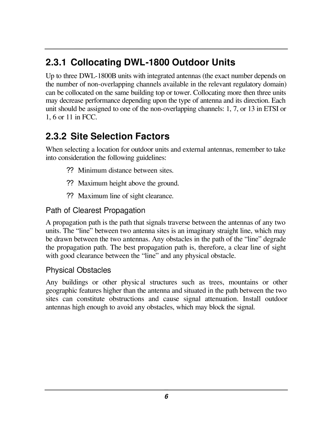 D-Link Collocating DWL-1800 Outdoor Units, Site Selection Factors, Path of Clearest Propagation, Physical Obstacles 