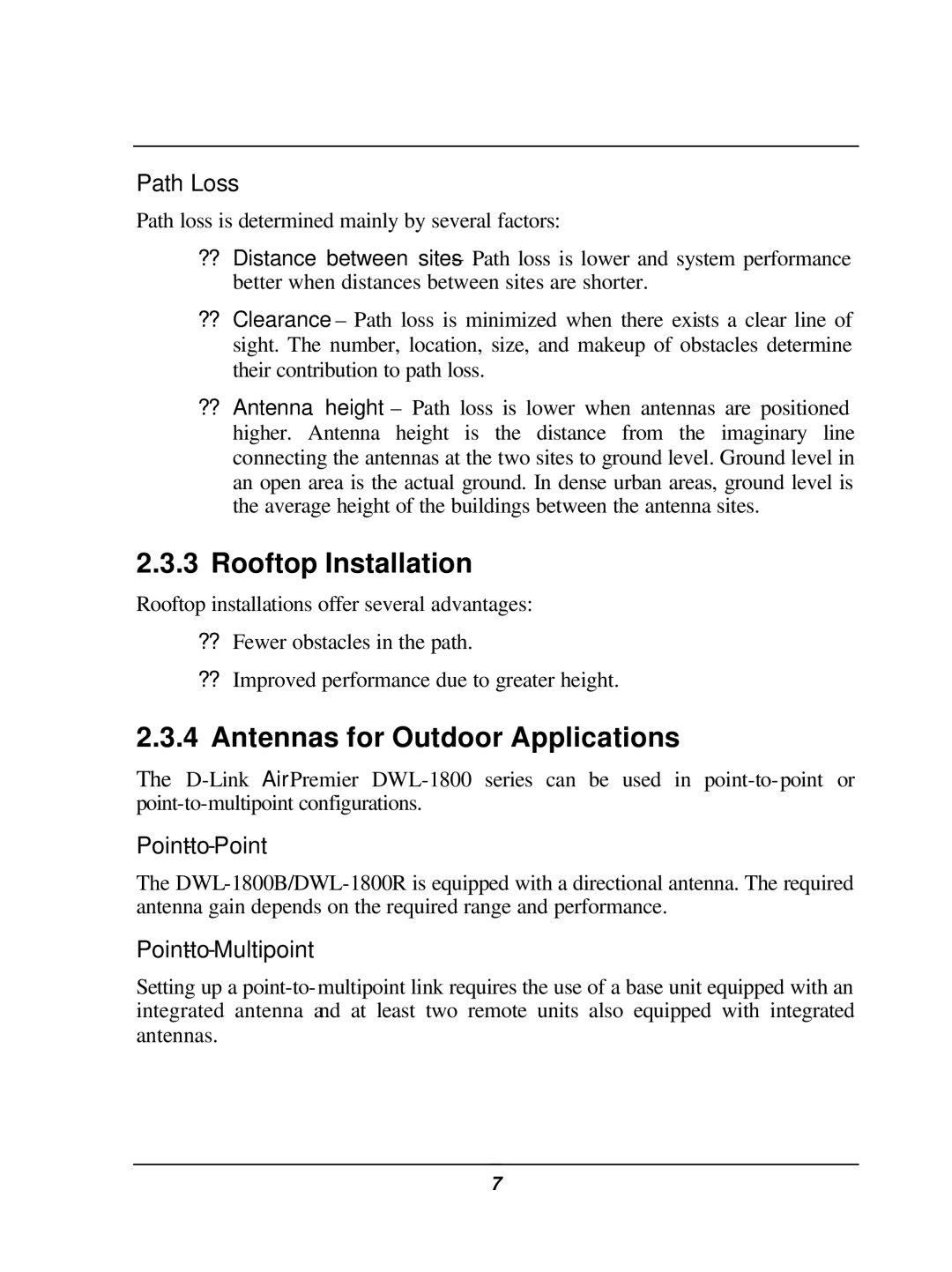 D-Link DWL-1800 Rooftop Installation, Antennas for Outdoor Applications, Path Loss, Point-to-Point, Point-to-Multipoint 