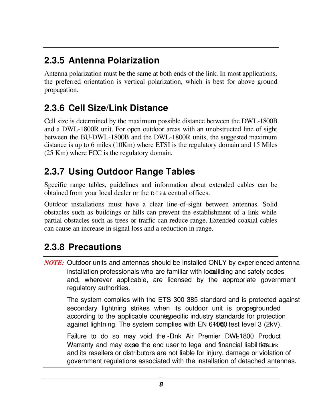 D-Link DWL-1800 user manual Antenna Polarization, Cell Size/Link Distance, Using Outdoor Range Tables, Precautions 