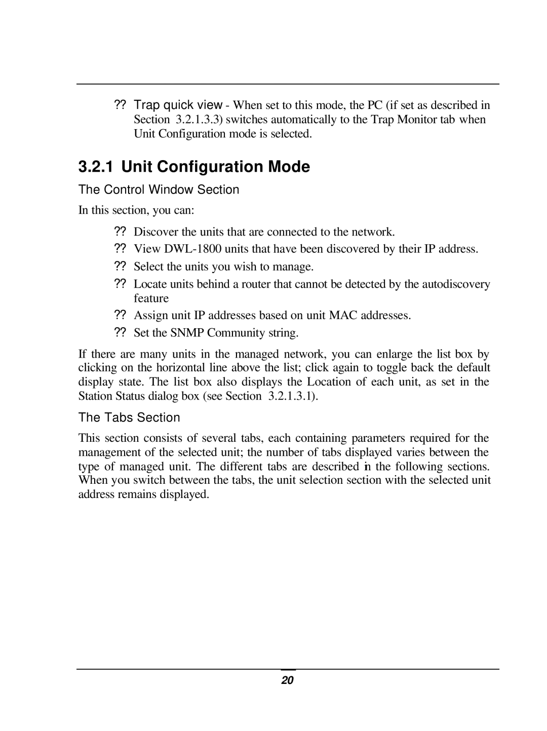 D-Link DWL-1800 user manual Unit Configuration Mode, Control Window Section, Tabs Section 