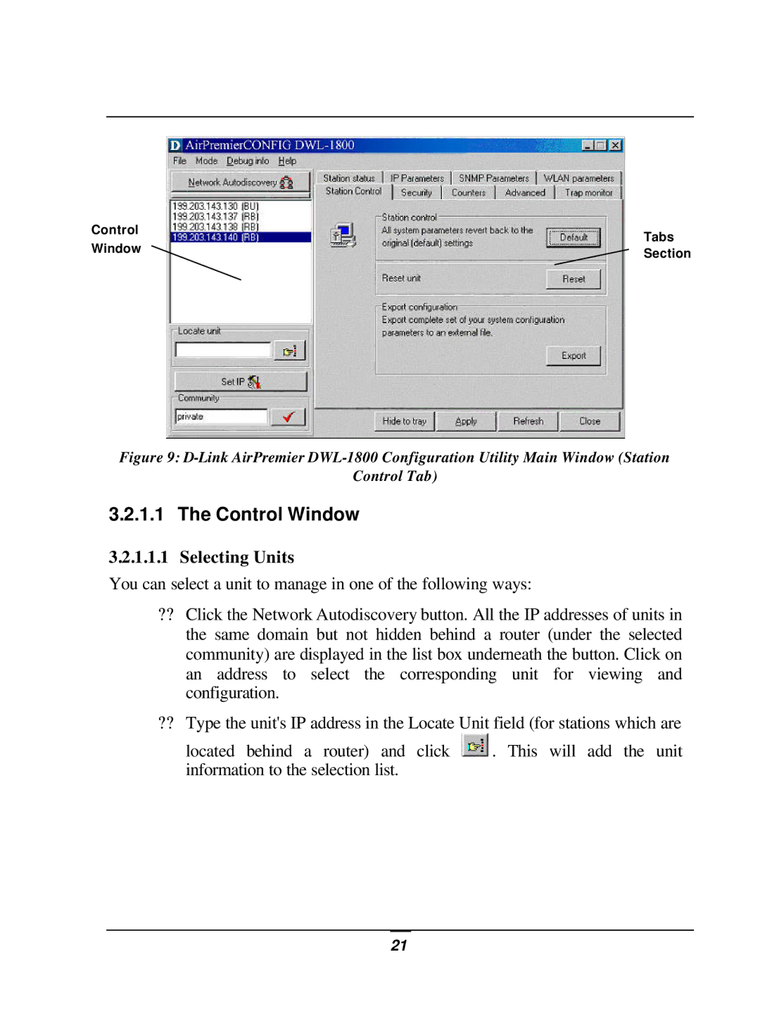 D-Link DWL-1800 user manual Control Window, Selecting Units 