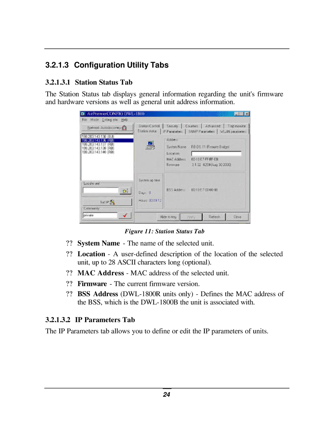 D-Link DWL-1800 user manual Configuration Utility Tabs, Station Status Tab, IP Parameters Tab 