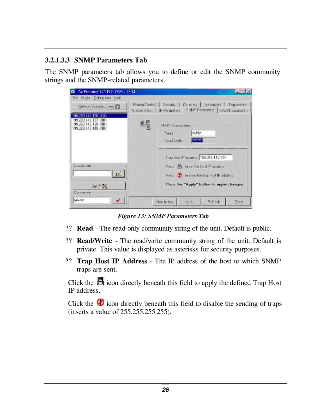 D-Link DWL-1800 user manual Snmp Parameters Tab 