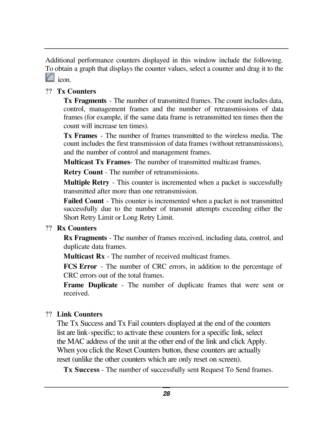 D-Link DWL-1800 user manual ?? Tx Counters, ?? Rx Counters, ?? Link Counters 